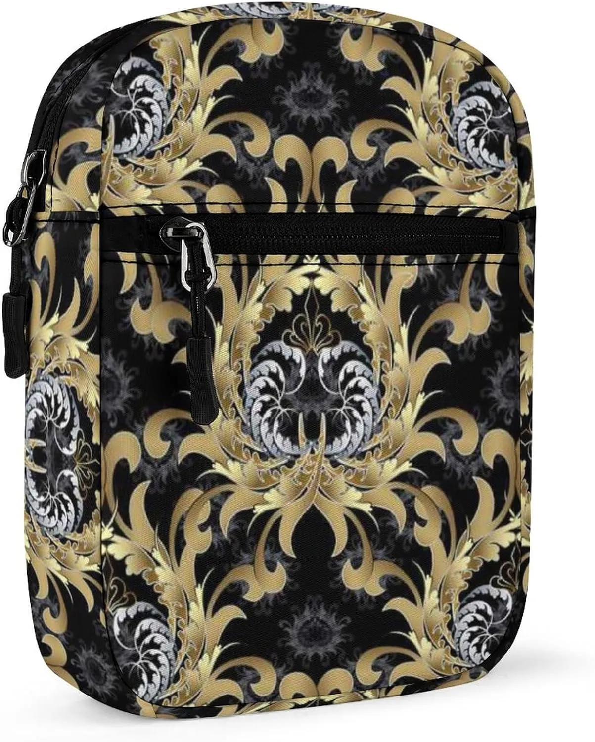 Retro Royal Gold Silver Baroque Floral Scroll Leaves Flowers on Dark Adjustable Fanny Waist Pack Pouch, Waterproof Crossbody Runners Bag Wallet for Gym Hiking Fitness Women Men 6.1 x 2.2 x 7.9 inch