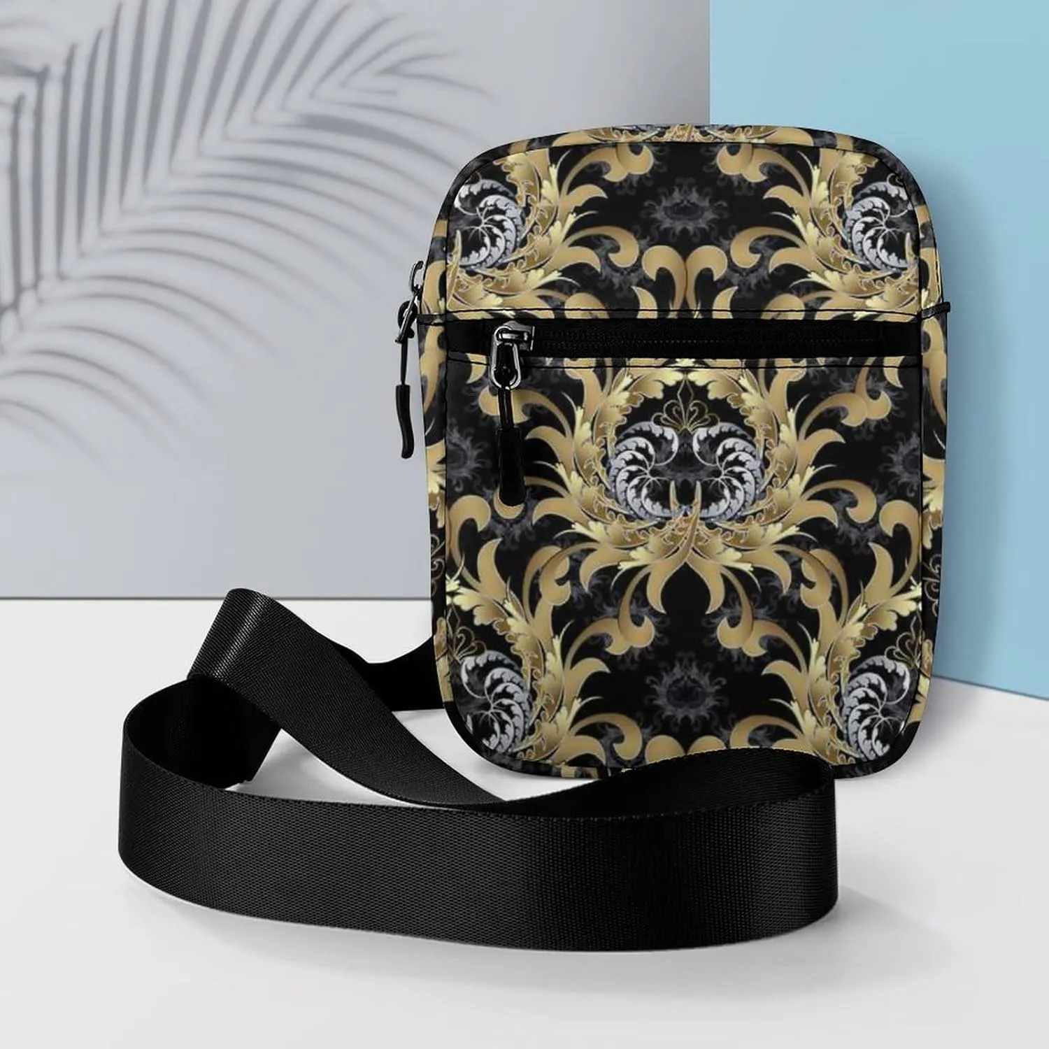 Retro Royal Gold Silver Baroque Floral Scroll Leaves Flowers on Dark Adjustable Fanny Waist Pack Pouch, Waterproof Crossbody Runners Bag Wallet for Gym Hiking Fitness Women Men 6.1 x 2.2 x 7.9 inch