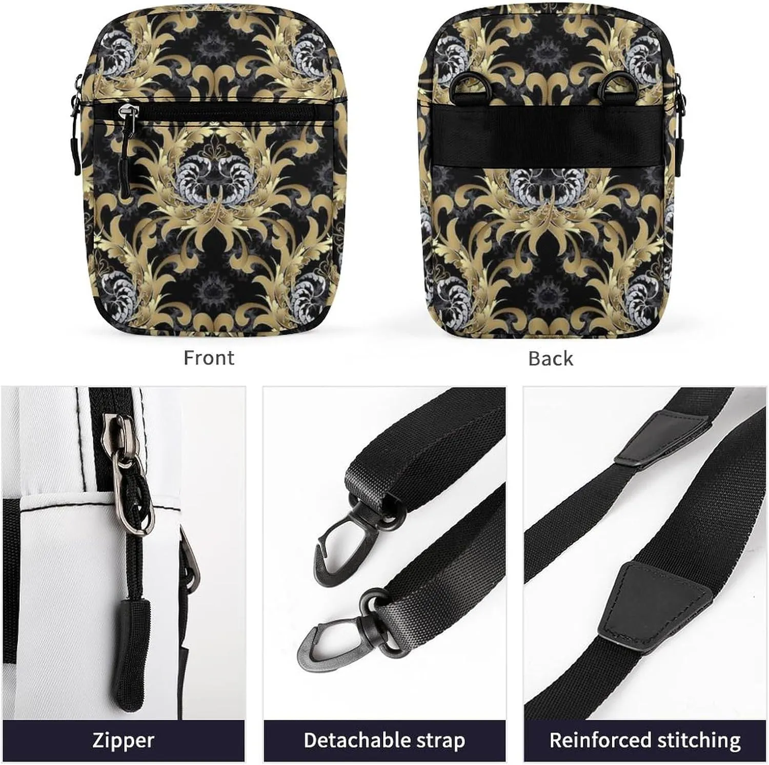 Retro Royal Gold Silver Baroque Floral Scroll Leaves Flowers on Dark Adjustable Fanny Waist Pack Pouch, Waterproof Crossbody Runners Bag Wallet for Gym Hiking Fitness Women Men 6.1 x 2.2 x 7.9 inch