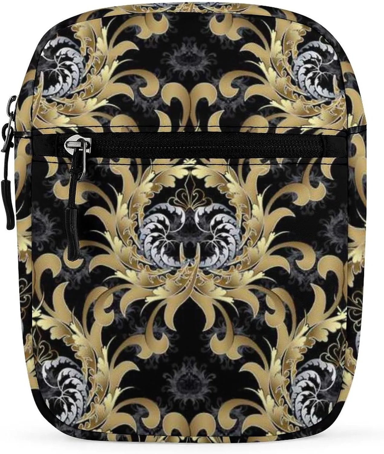 Retro Royal Gold Silver Baroque Floral Scroll Leaves Flowers on Dark Adjustable Fanny Waist Pack Pouch, Waterproof Crossbody Runners Bag Wallet for Gym Hiking Fitness Women Men 6.1 x 2.2 x 7.9 inch