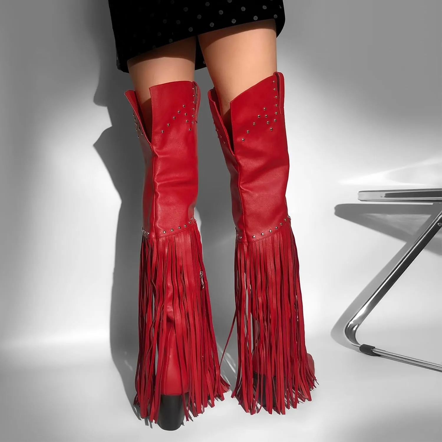 richealnini Fringe Thigh High Boots with Tassels Western Cowboy Boots Zip Up Wide Calf Sock Booties