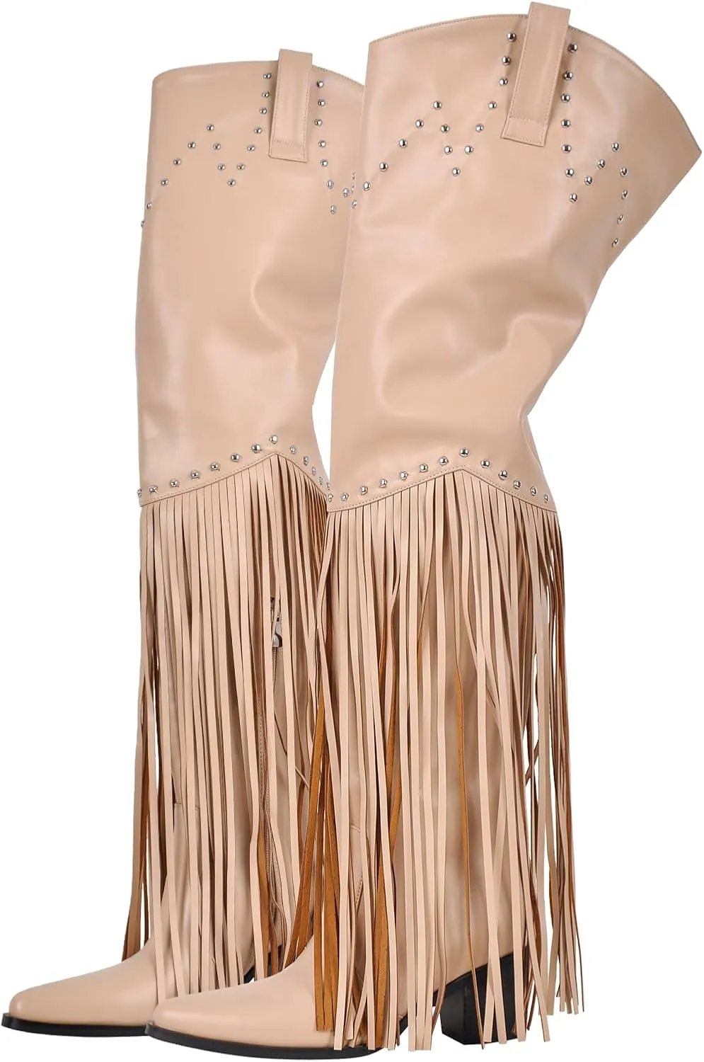 richealnini Fringe Thigh High Boots with Tassels Western Cowboy Boots Zip Up Wide Calf Sock Booties