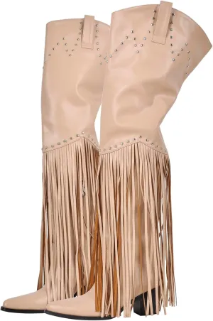 richealnini Fringe Thigh High Boots with Tassels Western Cowboy Boots Zip Up Wide Calf Sock Booties