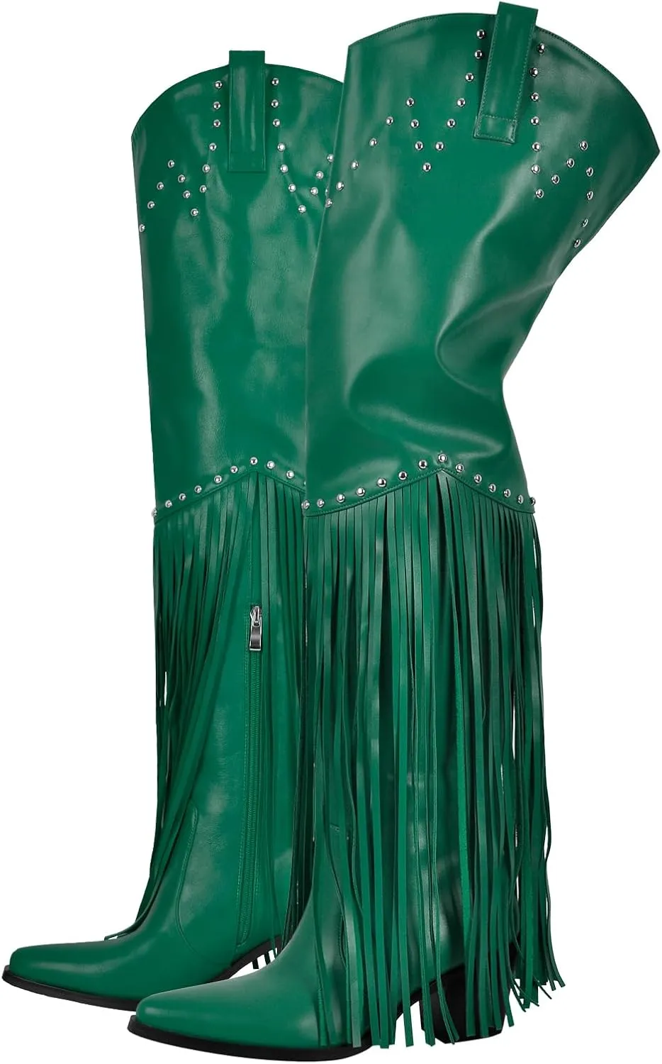 richealnini Fringe Thigh High Boots with Tassels Western Cowboy Boots Zip Up Wide Calf Sock Booties