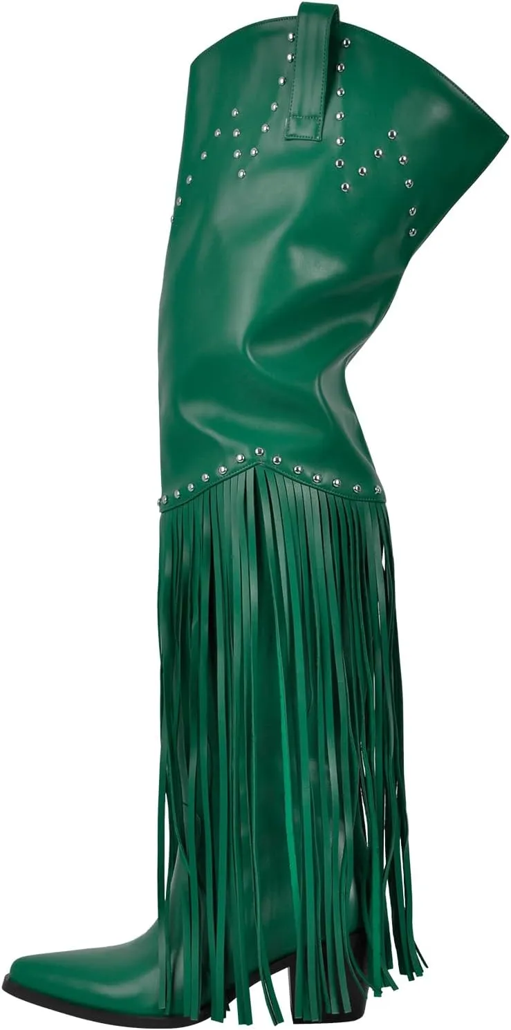 richealnini Fringe Thigh High Boots with Tassels Western Cowboy Boots Zip Up Wide Calf Sock Booties