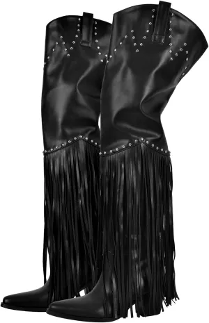 richealnini Fringe Thigh High Boots with Tassels Western Cowboy Boots Zip Up Wide Calf Sock Booties