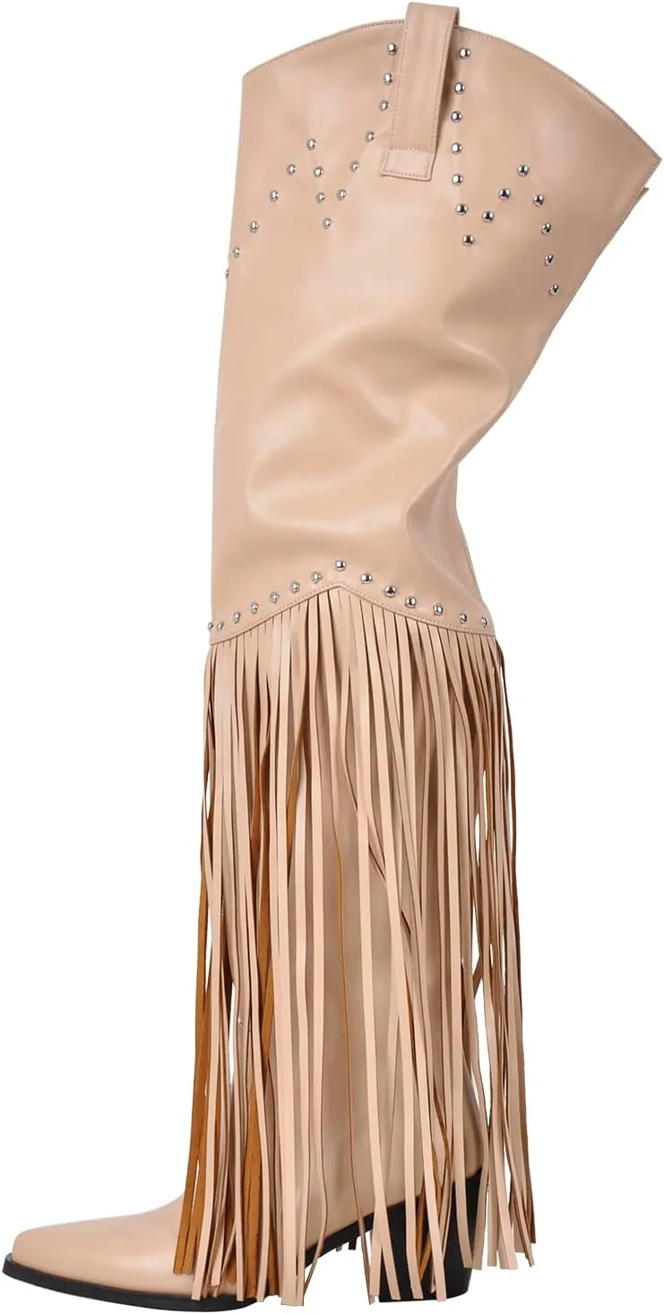 richealnini Fringe Thigh High Boots with Tassels Western Cowboy Boots Zip Up Wide Calf Sock Booties