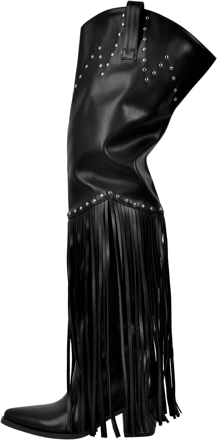 richealnini Fringe Thigh High Boots with Tassels Western Cowboy Boots Zip Up Wide Calf Sock Booties