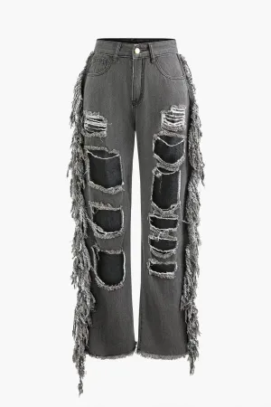 Ripped Fringe Denim– High-Waisted Streetwear