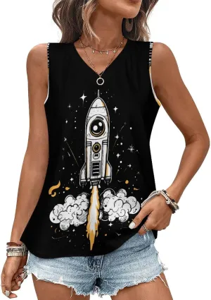 Rocket Ship Launch Womens V-Neck Sleeveless Vest Loose Tank Top for Summer S