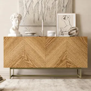 roomfitters Mid Century Modern TV Stand for TVs up to 65", Herringbone Sideboard Buffet Cabinet Credenza, Marble Top Media Console, Boho Entertainment Center for Living Room, Entryway (Oak Wood)
