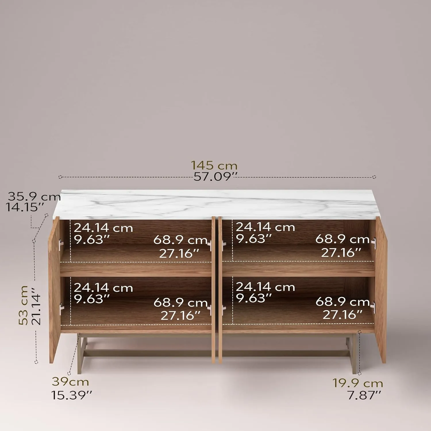 roomfitters Mid Century Modern TV Stand for TVs up to 65", Herringbone Sideboard Buffet Cabinet Credenza, Marble Top Media Console, Boho Entertainment Center for Living Room, Entryway (Oak Wood)