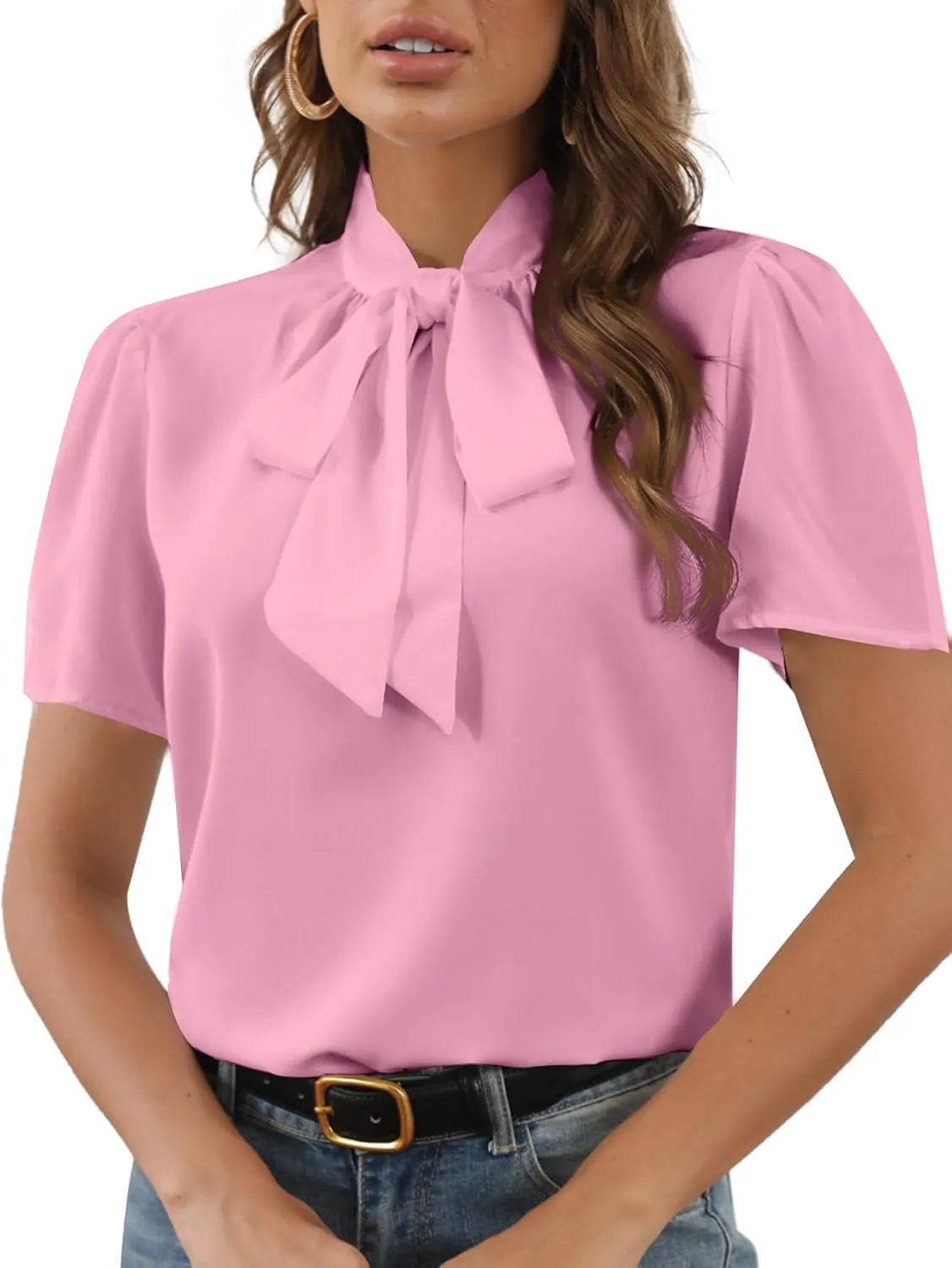 Rooscier Women's Bow Tie Knot Mock Neck Short Sleeve Elegant Workwear Blouse Shirt Top