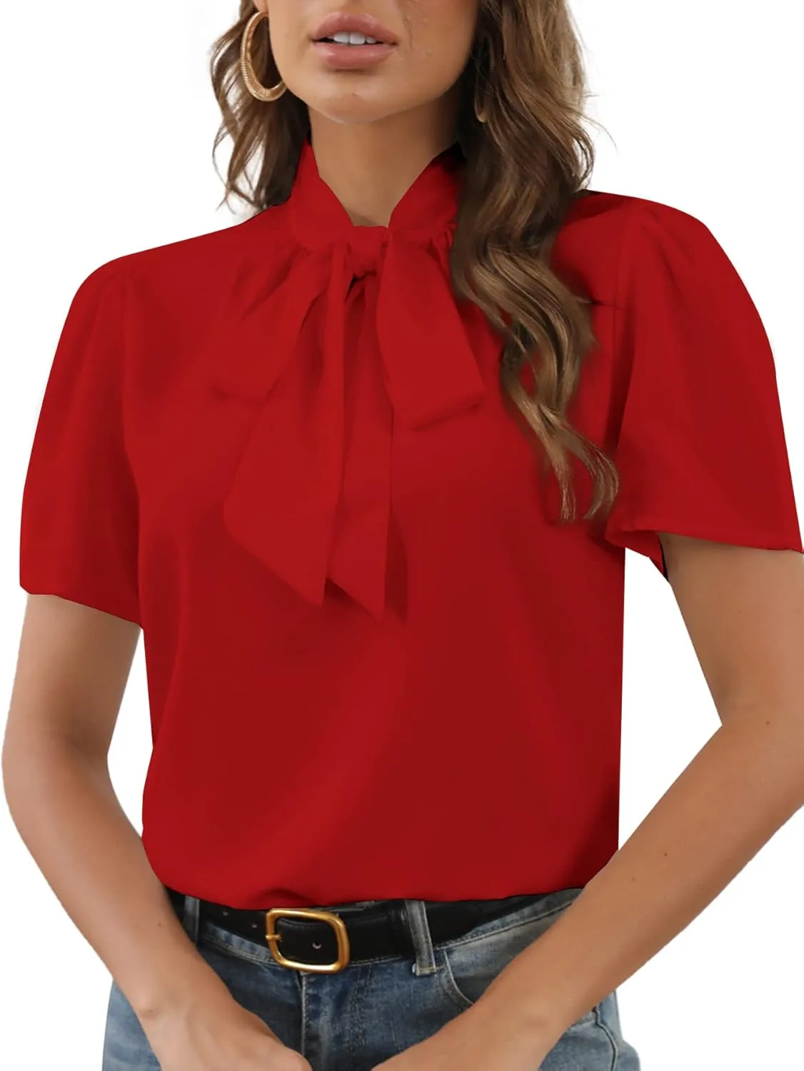 Rooscier Women's Bow Tie Knot Mock Neck Short Sleeve Elegant Workwear Blouse Shirt Top
