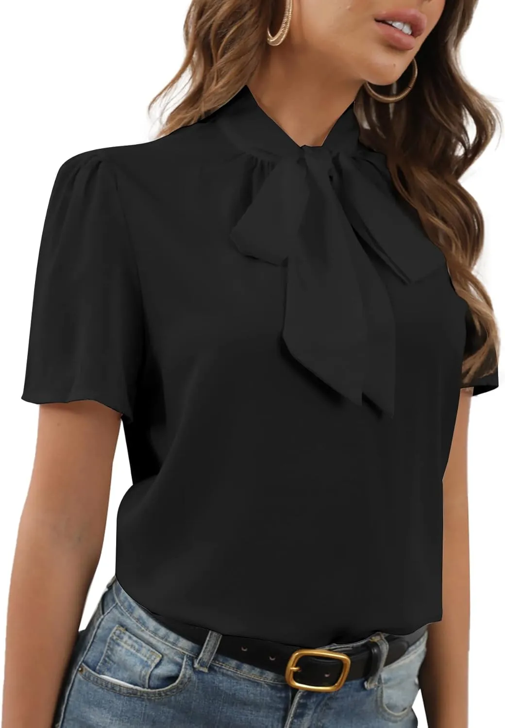 Rooscier Women's Bow Tie Knot Mock Neck Short Sleeve Elegant Workwear Blouse Shirt Top