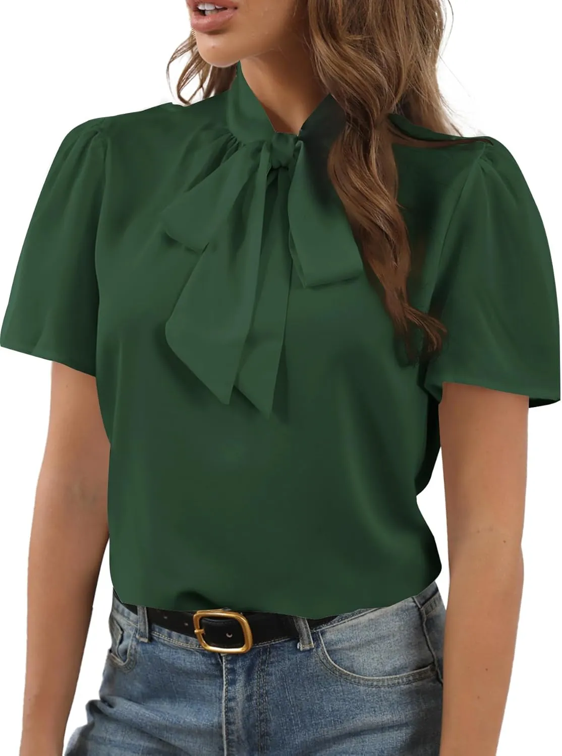Rooscier Women's Bow Tie Knot Mock Neck Short Sleeve Elegant Workwear Blouse Shirt Top