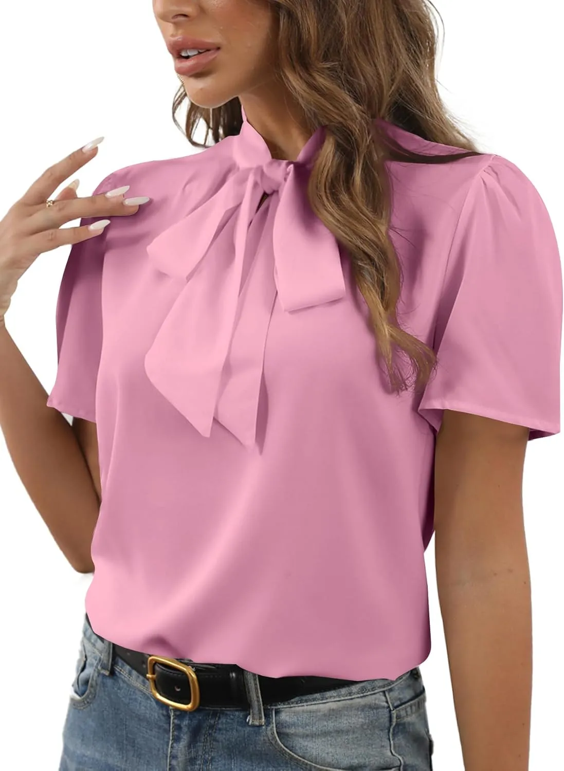 Rooscier Women's Bow Tie Knot Mock Neck Short Sleeve Elegant Workwear Blouse Shirt Top