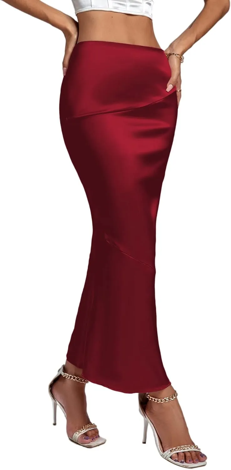 Rooscier Women's Satin Silk Bodycon Split Back High Waist Elegant Club Maxi Skirt