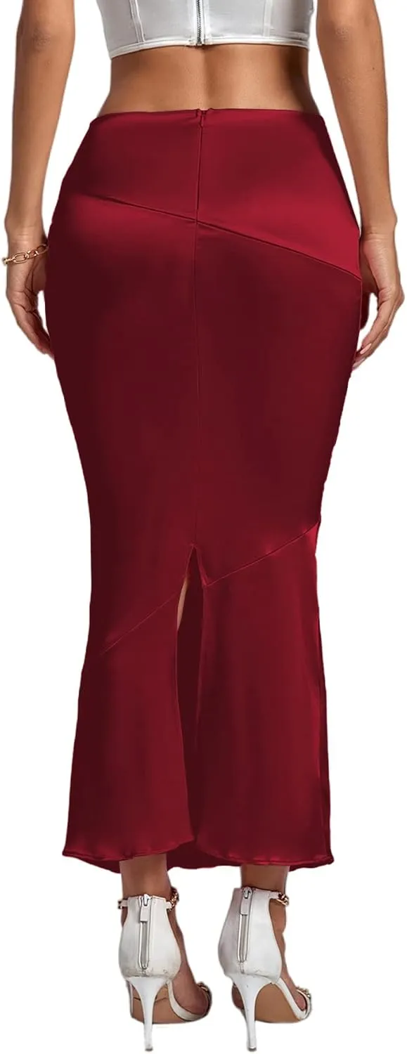Rooscier Women's Satin Silk Bodycon Split Back High Waist Elegant Club Maxi Skirt