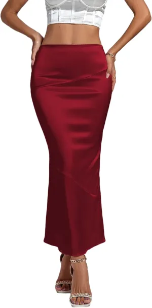 Rooscier Women's Satin Silk Bodycon Split Back High Waist Elegant Club Maxi Skirt