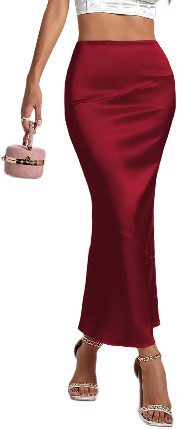 Rooscier Women's Satin Silk Bodycon Split Back High Waist Elegant Club Maxi Skirt
