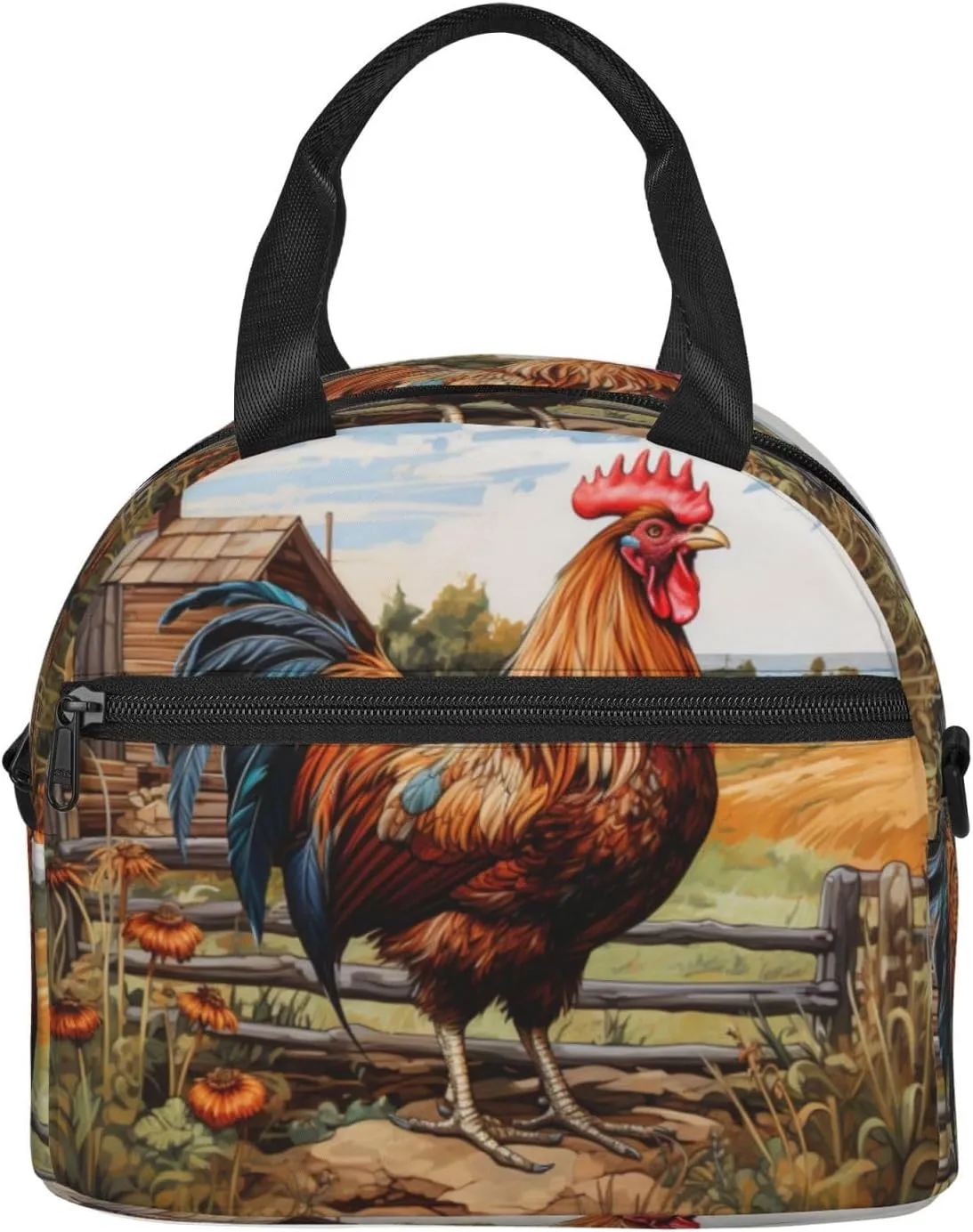 Rooster On Wood In Farmland Lunch Bag For Women Men Insulated Lunch Tote Box Reusable For Office Picnic Days
