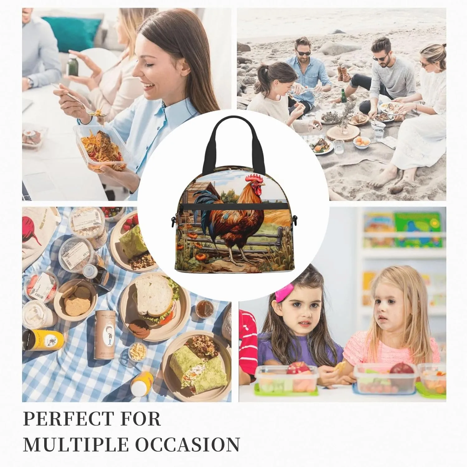 Rooster On Wood In Farmland Lunch Bag For Women Men Insulated Lunch Tote Box Reusable For Office Picnic Days