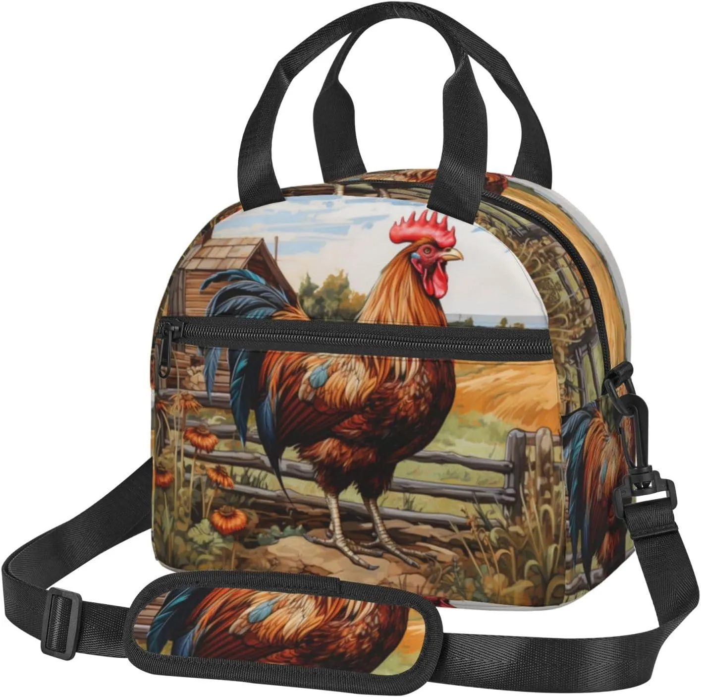 Rooster On Wood In Farmland Lunch Bag For Women Men Insulated Lunch Tote Box Reusable For Office Picnic Days