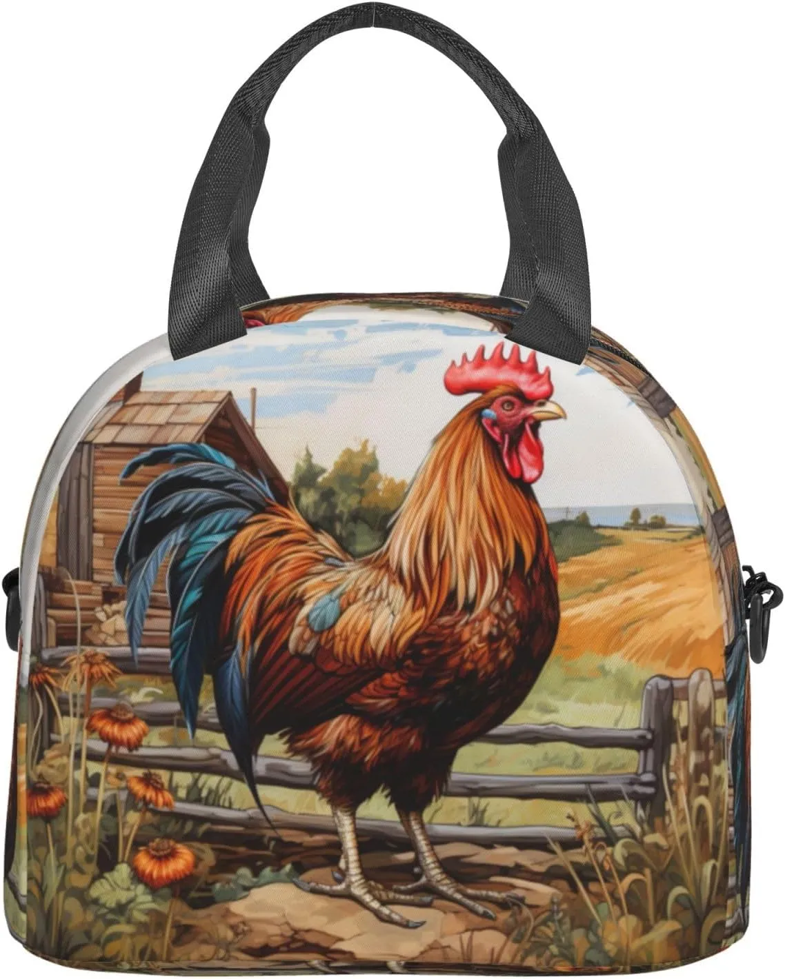 Rooster On Wood In Farmland Lunch Bag For Women Men Insulated Lunch Tote Box Reusable For Office Picnic Days