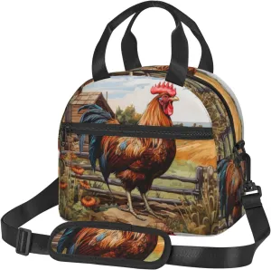 Rooster On Wood In Farmland Lunch Bag For Women Men Insulated Lunch Tote Box Reusable For Office Picnic Days