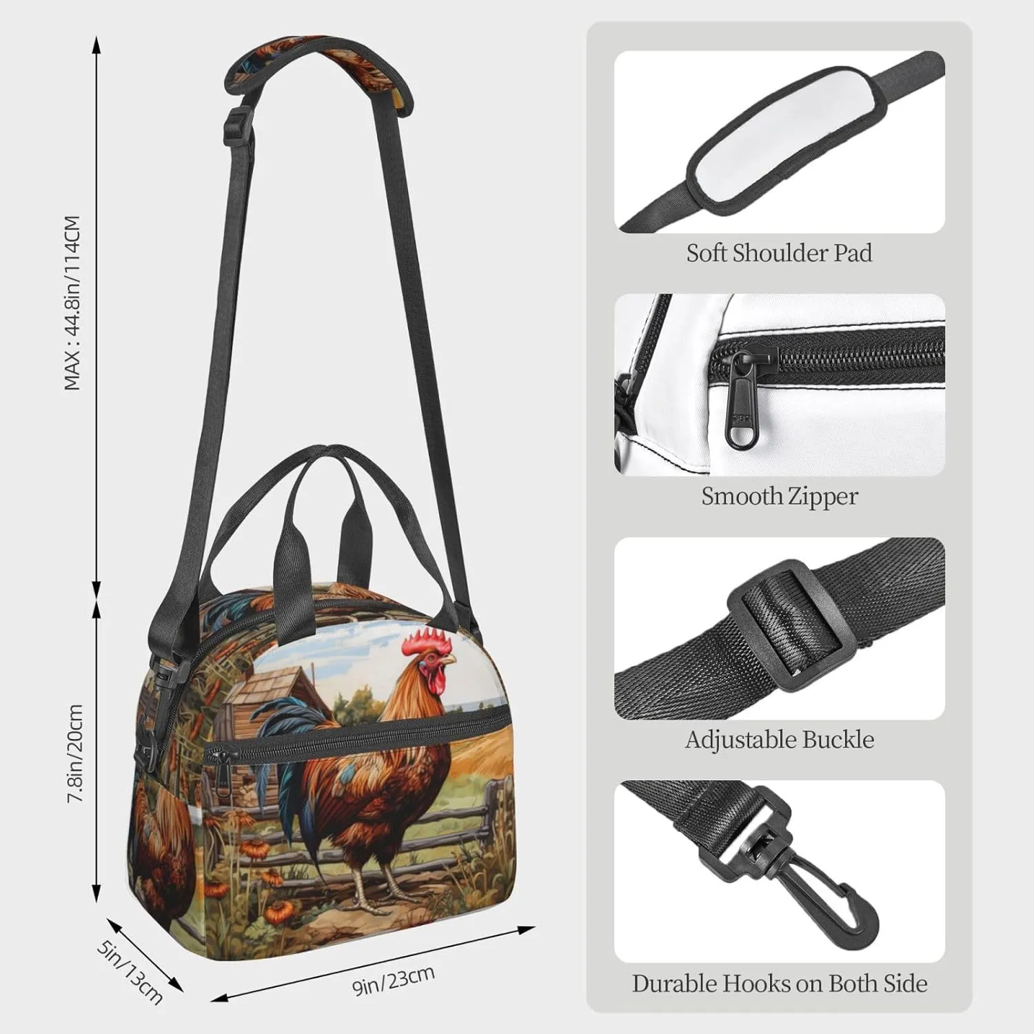 Rooster On Wood In Farmland Lunch Bag For Women Men Insulated Lunch Tote Box Reusable For Office Picnic Days
