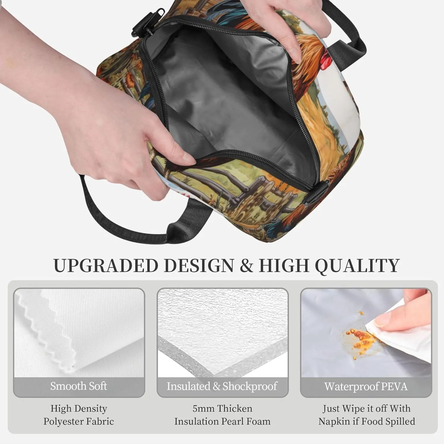 Rooster On Wood In Farmland Lunch Bag For Women Men Insulated Lunch Tote Box Reusable For Office Picnic Days