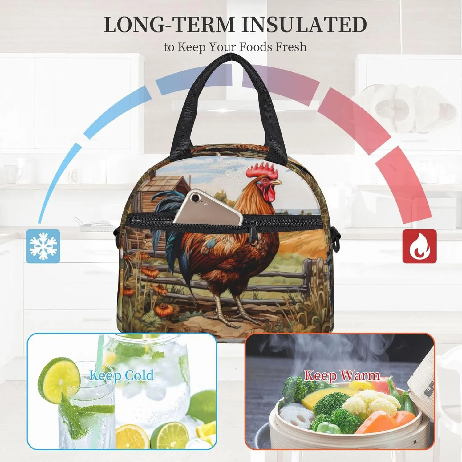 Rooster On Wood In Farmland Lunch Bag For Women Men Insulated Lunch Tote Box Reusable For Office Picnic Days