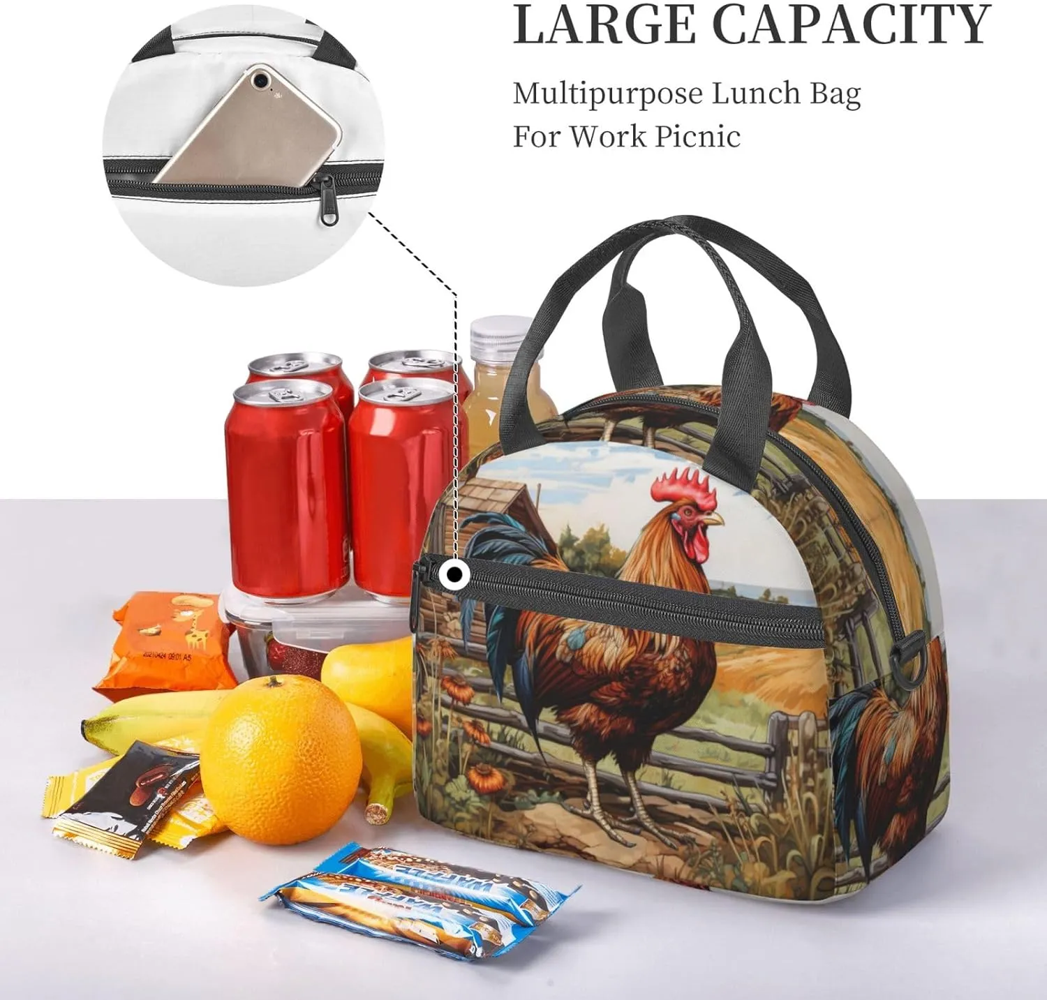 Rooster On Wood In Farmland Lunch Bag For Women Men Insulated Lunch Tote Box Reusable For Office Picnic Days