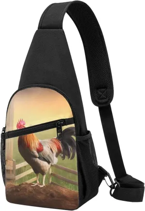 Rooster Print Chest Bag on Wood Farmland Crossbody Bag for Men Women Shoulder Bag Travel Hiking Shoulder Bag Black One Size, Black, One Size