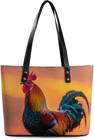 Rooster Sunrise Women's Tote Shoulder Bag Handbag Top Handle Leather 29 * 34 * 14cm