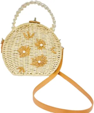 Round Rattan Bag for Women Handwoven Beach Shoulder Purse.Pearl handle tote bag