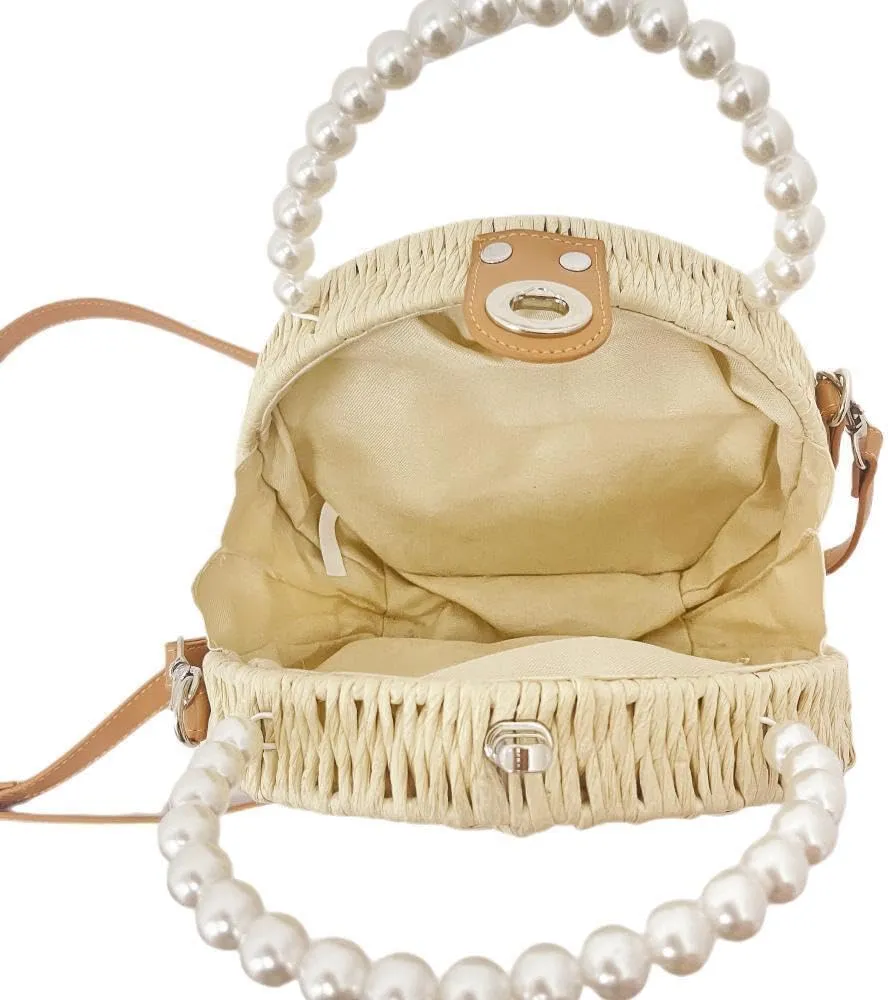 Round Rattan Bag for Women Handwoven Beach Shoulder Purse.Pearl handle tote bag