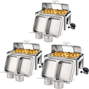 ROVSUN 9 QT 3 Packs Stainless Steel Chafing Dish Buffet Set with Electric & Fuel Heating, NSF Roll Top Catering Chafer Server with Full Size & 2 Detachable Food Pans, Glass Lid for Party Banquet