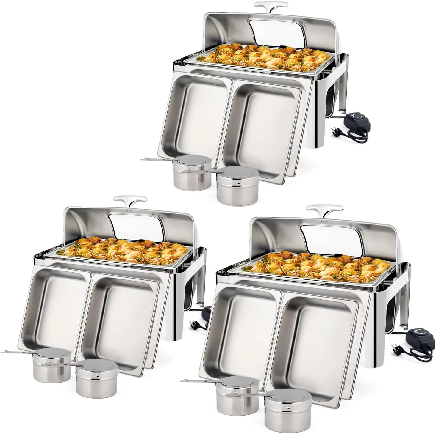 ROVSUN 9 QT 3 Packs Stainless Steel Chafing Dish Buffet Set with Electric & Fuel Heating, NSF Roll Top Catering Chafer Server with Full Size & 2 Detachable Food Pans, Glass Lid for Party Banquet