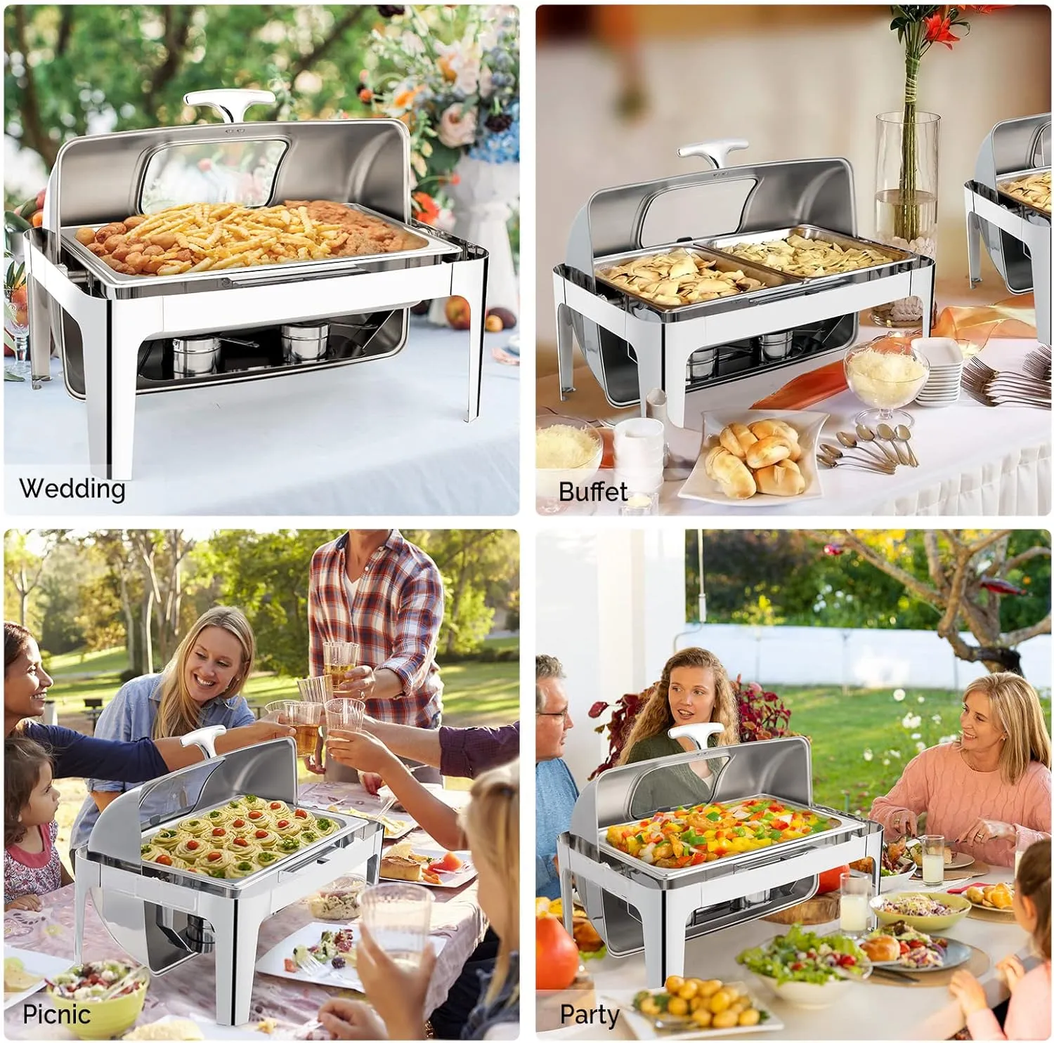 ROVSUN 9 QT 3 Packs Stainless Steel Chafing Dish Buffet Set with Electric & Fuel Heating, NSF Roll Top Catering Chafer Server with Full Size & 2 Detachable Food Pans, Glass Lid for Party Banquet