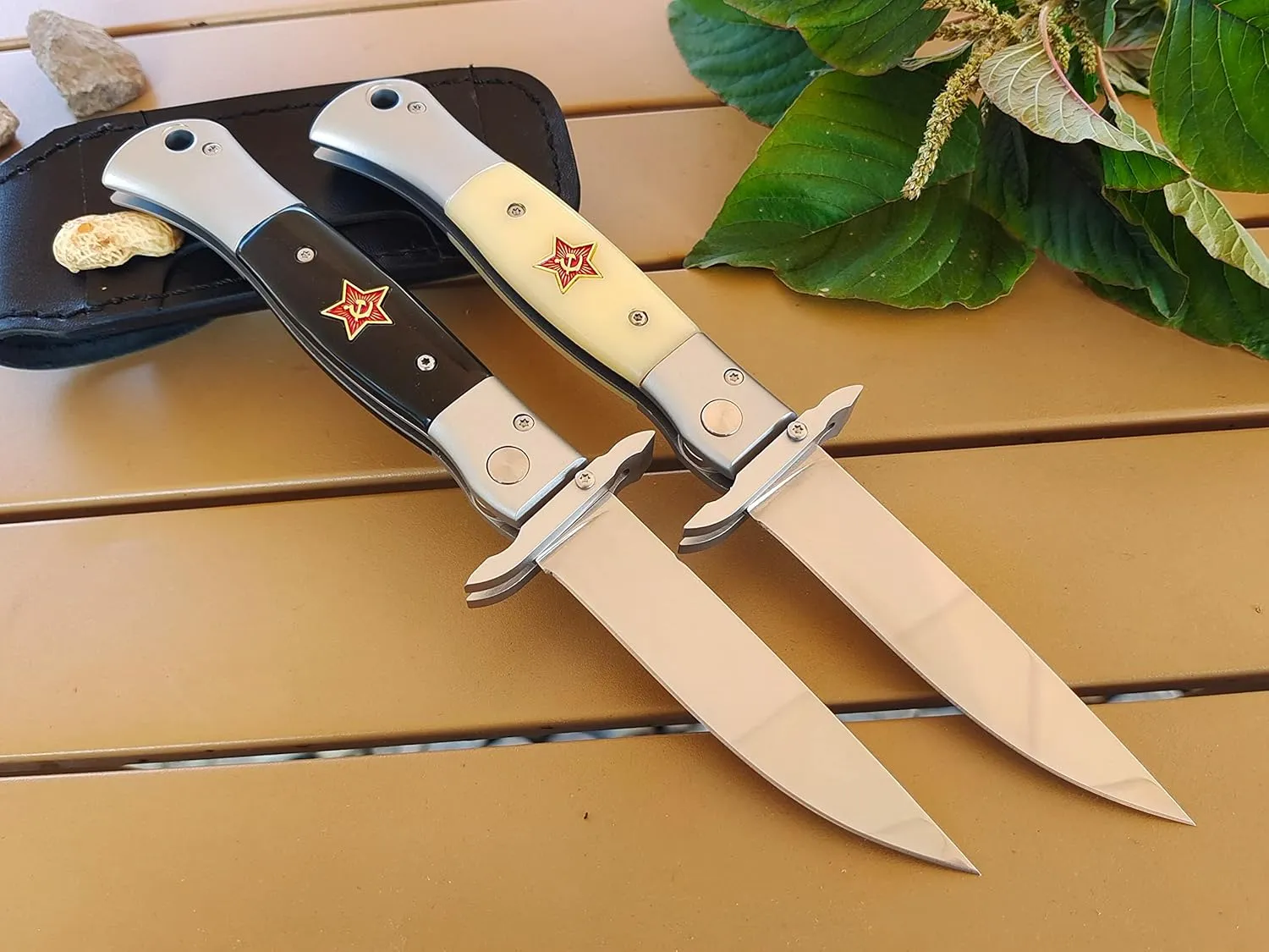 Russian Finka-NKVD KGB Folding Pocket Knife,3.74" Mirror Polished X12M Steel Blade,Aviation Aluminum Inlaid Resin Handle,Cowhide Sheath (Beige handle)