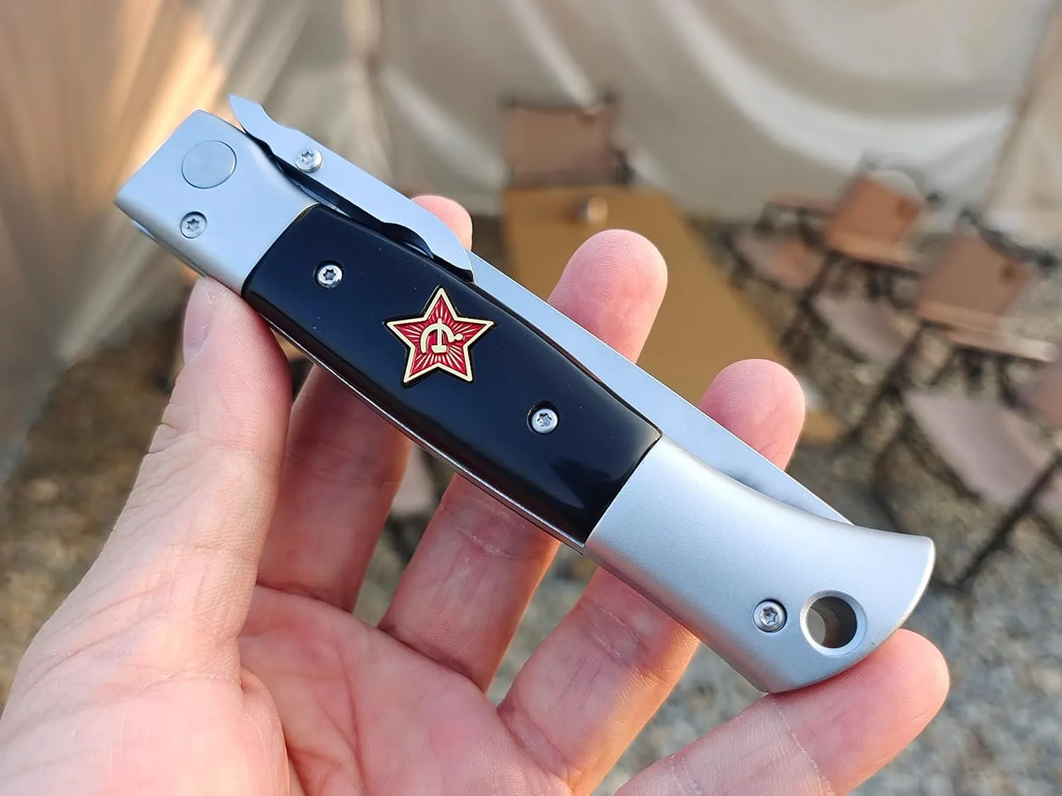 Russian Finka-NKVD KGB Folding Pocket Knife,3.74" Mirror Polished X12M Steel Blade,Aviation Aluminum Inlaid Resin Handle,Cowhide Sheath (Black handle)
