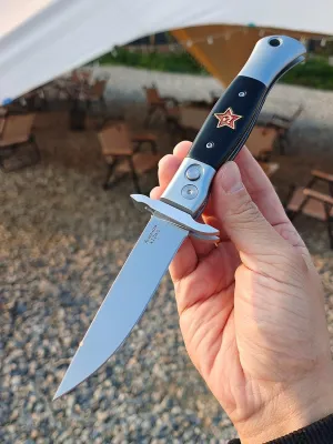 Russian Finka-NKVD KGB Folding Pocket Knife,3.74" Mirror Polished X12M Steel Blade,Aviation Aluminum Inlaid Resin Handle,Cowhide Sheath (Black handle)