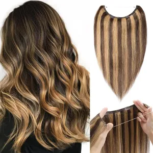 S-noilite Invisible Wire Human Hair Extensions 22" 75g Balayage Secret Wire Hair Extension with Adjustable Headband Fish Line Hairpieces For Women #4/27 Medium Brown/Dark Blonde
