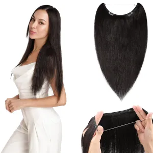 S-noilite Invisible Wire Human Hair Extensions 22" 75g Secret Wire Hair Extension with Adjustable Headband Fish Line Hairpieces For Women #1B Natural Black