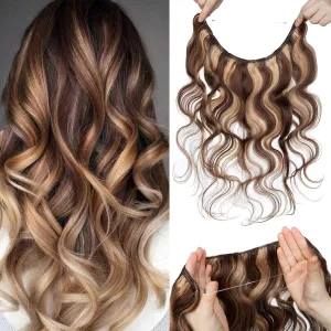 S-noilite Wire Hair Extensions Human Hair with 2 Clips Wavy Balayage Secret Wire Hair Extensions Adjustable Headband Fish Line Hairpieces For Women 18" 65g #4/27 Medium Brown/Dark Blonde