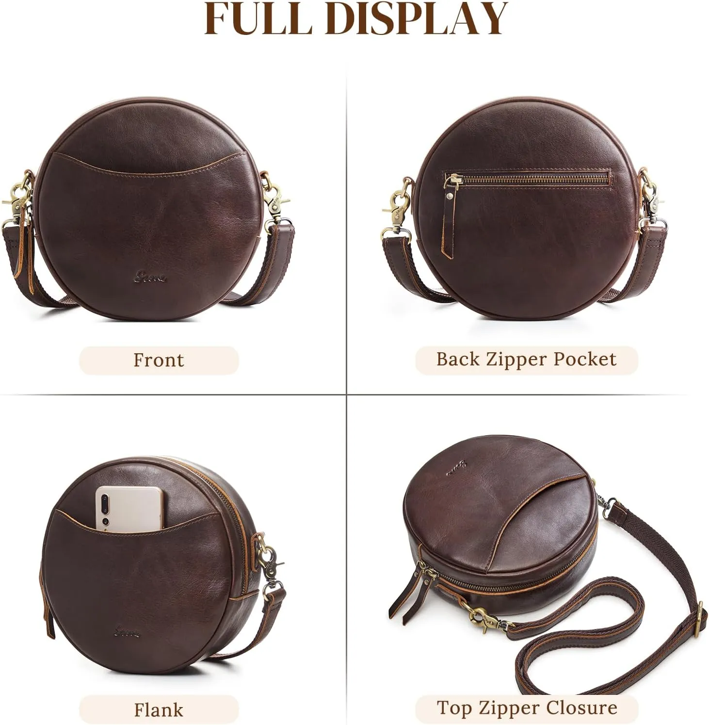S-ZONE Leather Crossbody Bags for Women Trendy Circle Cross Body Shoulder Bag Designer Round Purses