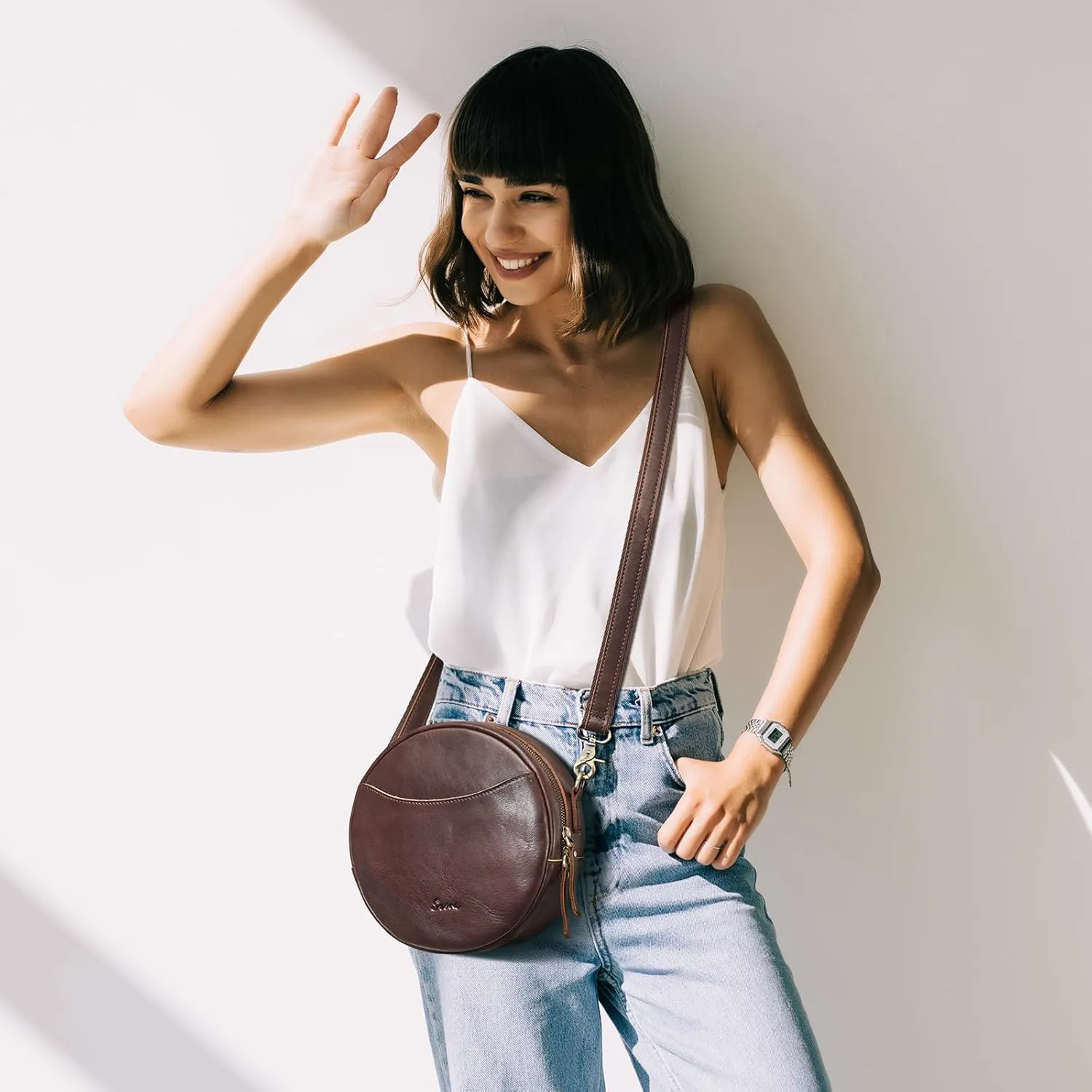 S-ZONE Leather Crossbody Bags for Women Trendy Circle Cross Body Shoulder Bag Designer Round Purses