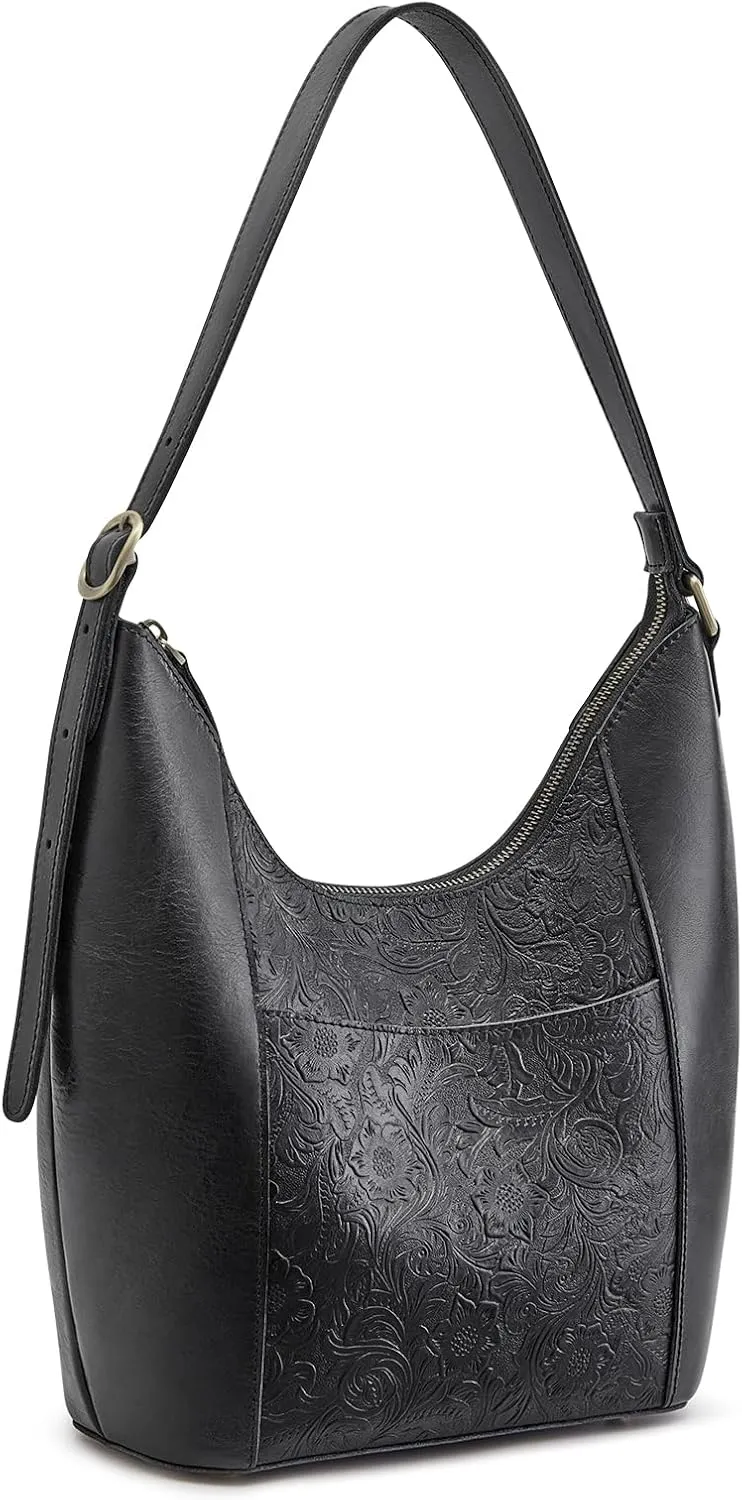 S-ZONE Leather Shoulder Bag for Women Hobo Bag Top Handle Handbag Satchel Purse Rose Pattern